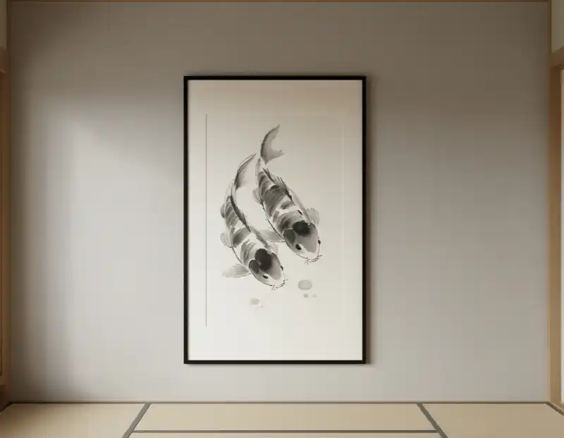 Tranh Cá Chép đôi Cá Chép thủy mặc khung đen