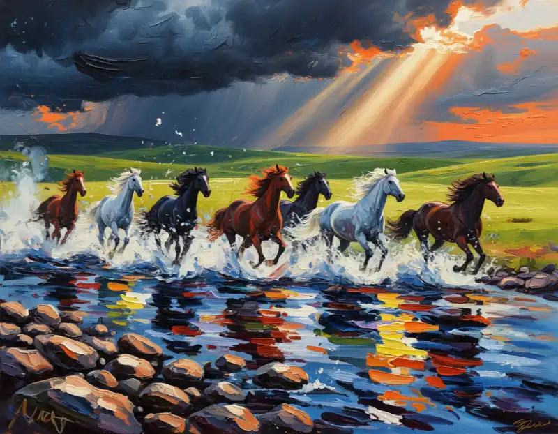 Ý nghĩa tranh Mã Đáo Thành Công cách treo thu hút tài lộc 24 Tranh Mã Đáo Thành Công ngựa phi nước tung bọt dưới nắng.