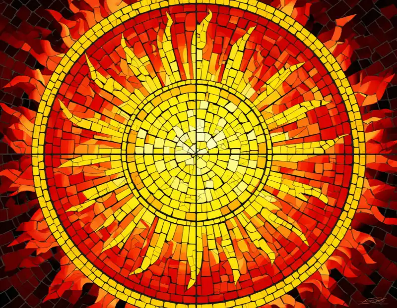 Tranh mosaic mặt trời rực lửa, sắc vàng cam