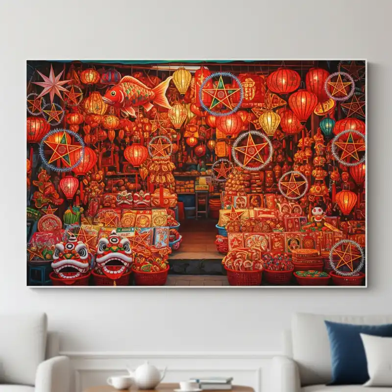 Tranh Phố Cổ Hà Nội gian hàng lồng đèn trung thu rực rỡ.