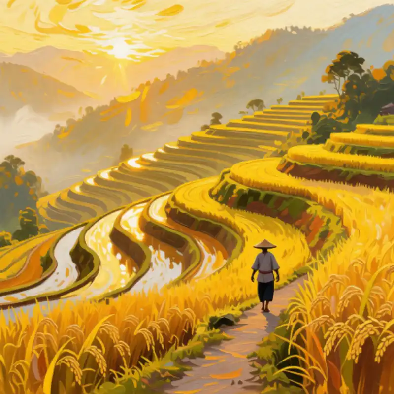 98+ Tranh ruộng bậc thang mùa lúa chín - Ý nghĩa phong thủy 31 Tranh ruộng bậc thang mùa lúa chín hoàng hôn trên đồng lúa chín vàng