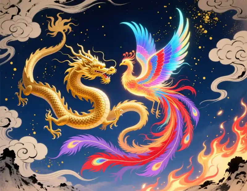 Tranh thờ rồng phượng ngũ sắc bay lượn.