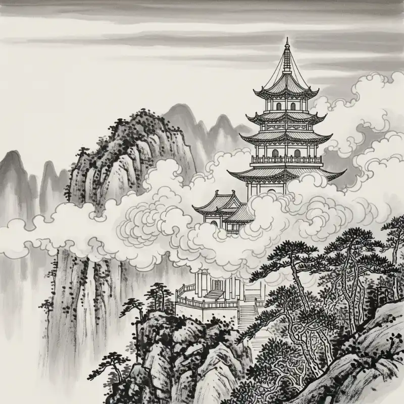 Tranh thủy mặc núi cao, mây cuộn, tháp cổ.