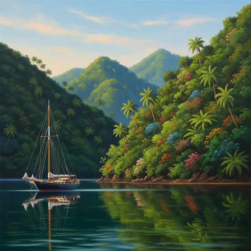 Tranh Thuận Buồm Xuôi Gió thuyền buồm nghỉ yên vịnh xanh.