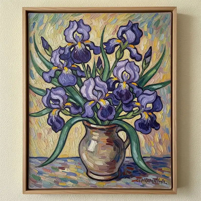 Tranh tĩnh vật bình hoa diên vĩ màu tím