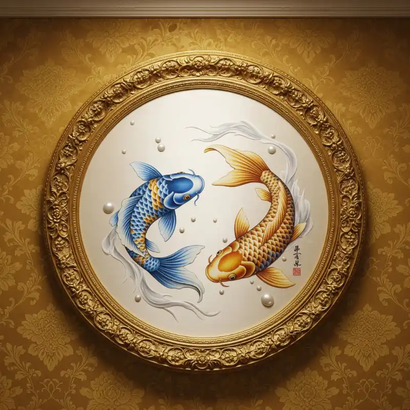 Tranh Cá Chép song ngư khung tròn.