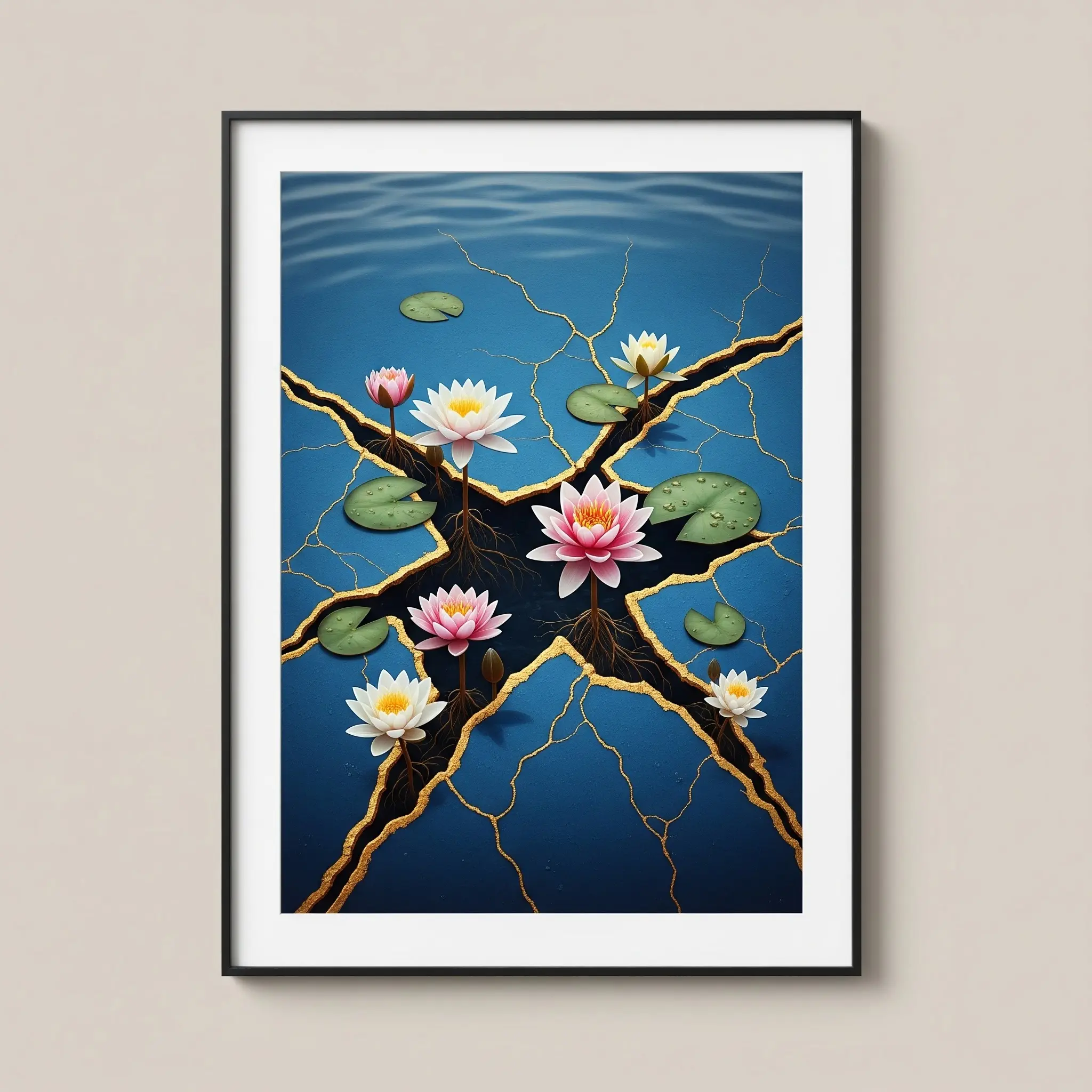 21. Tranh hoa Súng hoa trắng hồng, nứt vàng, nước xanh.