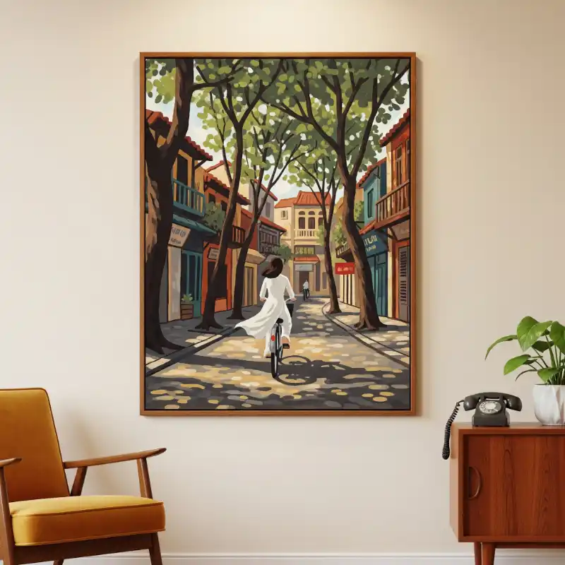 Tranh Phố Cổ Hà Nội cô gái áo dài dạo phố xưa