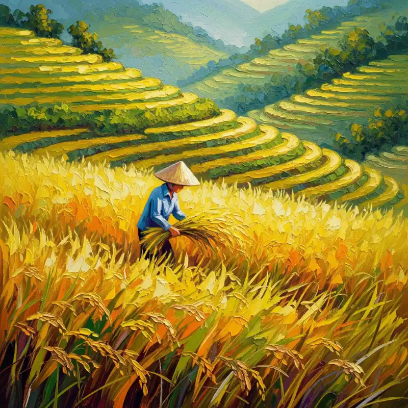 98+ Tranh ruộng bậc thang mùa lúa chín - Ý nghĩa phong thủy 50 Tranh ruộng bậc thang mùa lúa chín nông dân gặt lúa trên đồng vàng
