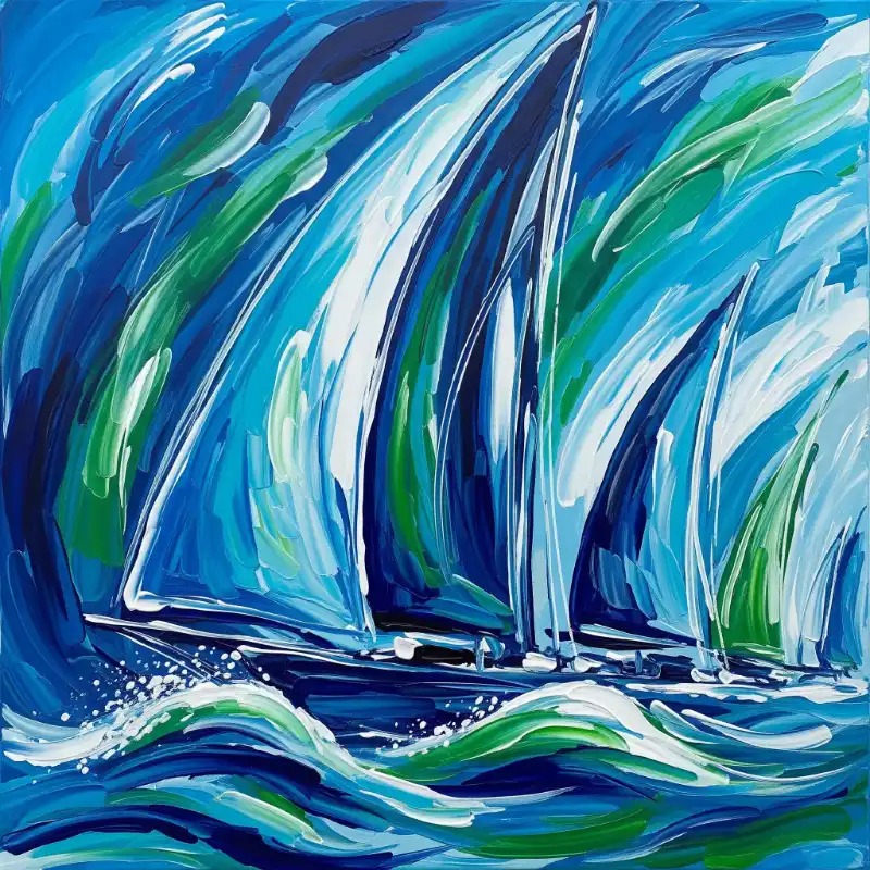 Tranh Thuận Buồm Xuôi Gió đoàn thuyền buồm lướt sóng
