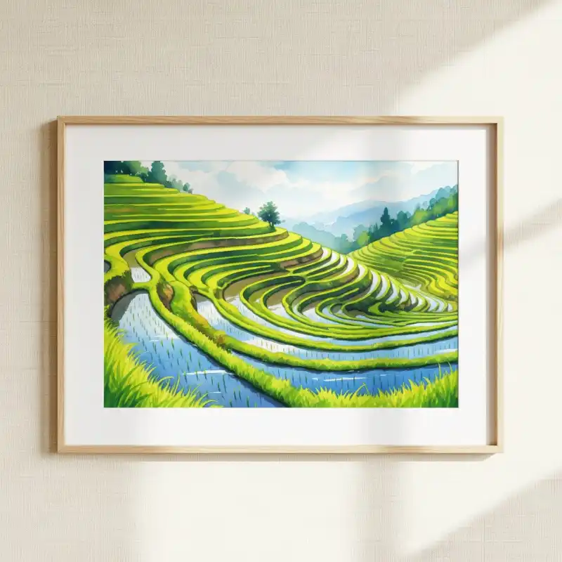 98+ Tranh ruộng bậc thang mùa lúa chín - Ý nghĩa phong thủy 51 Tranh ruộng bậc thang mùa lúa chín đồng lúa xanh biếc trong khung tranh
