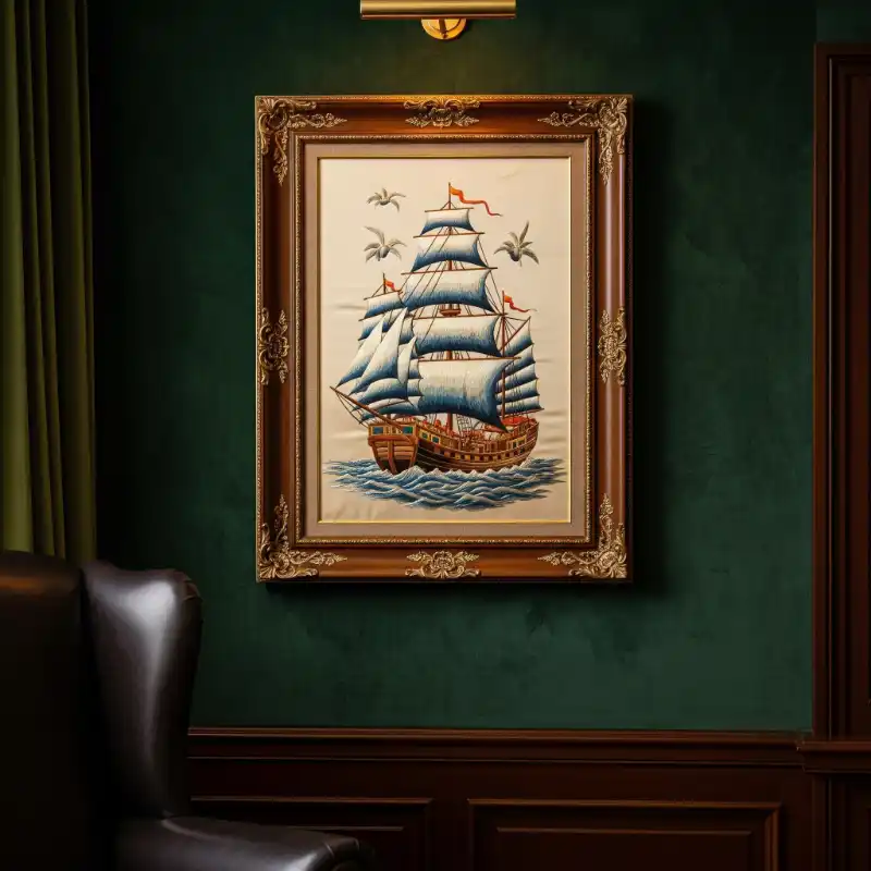 Tranh Thuận Buồm Xuôi Gió thuyền thêu khung cổ điển