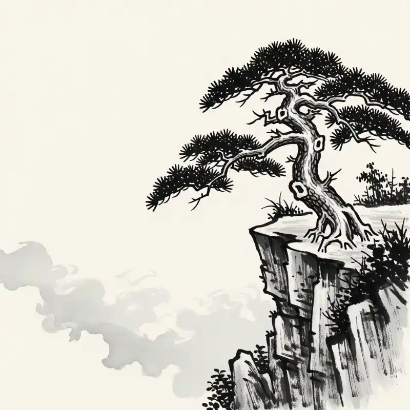 Tranh thủy mặc núi đá, tùng cổ thụ, sương giăng.
