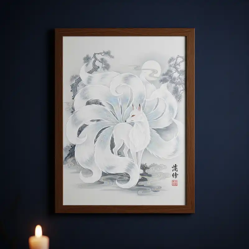 Tranh thờ cáo chín đuôi trắng dưới trăng