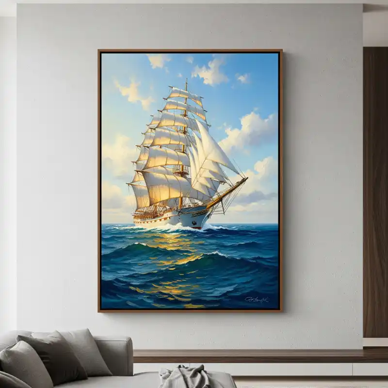 Tranh Thuận Buồm Xuôi Gió thuyền buồm trắng giữa biển trời