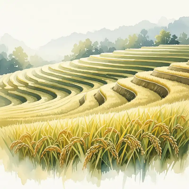 98+ Tranh ruộng bậc thang mùa lúa chín - Ý nghĩa phong thủy 54 Tranh ruộng bậc thang mùa lúa chín cánh đồng vàng óng ả mờ sương