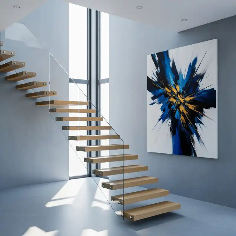 Tranh treo cầu thang tranh trừu tượng hiện đại bên cầu thang.