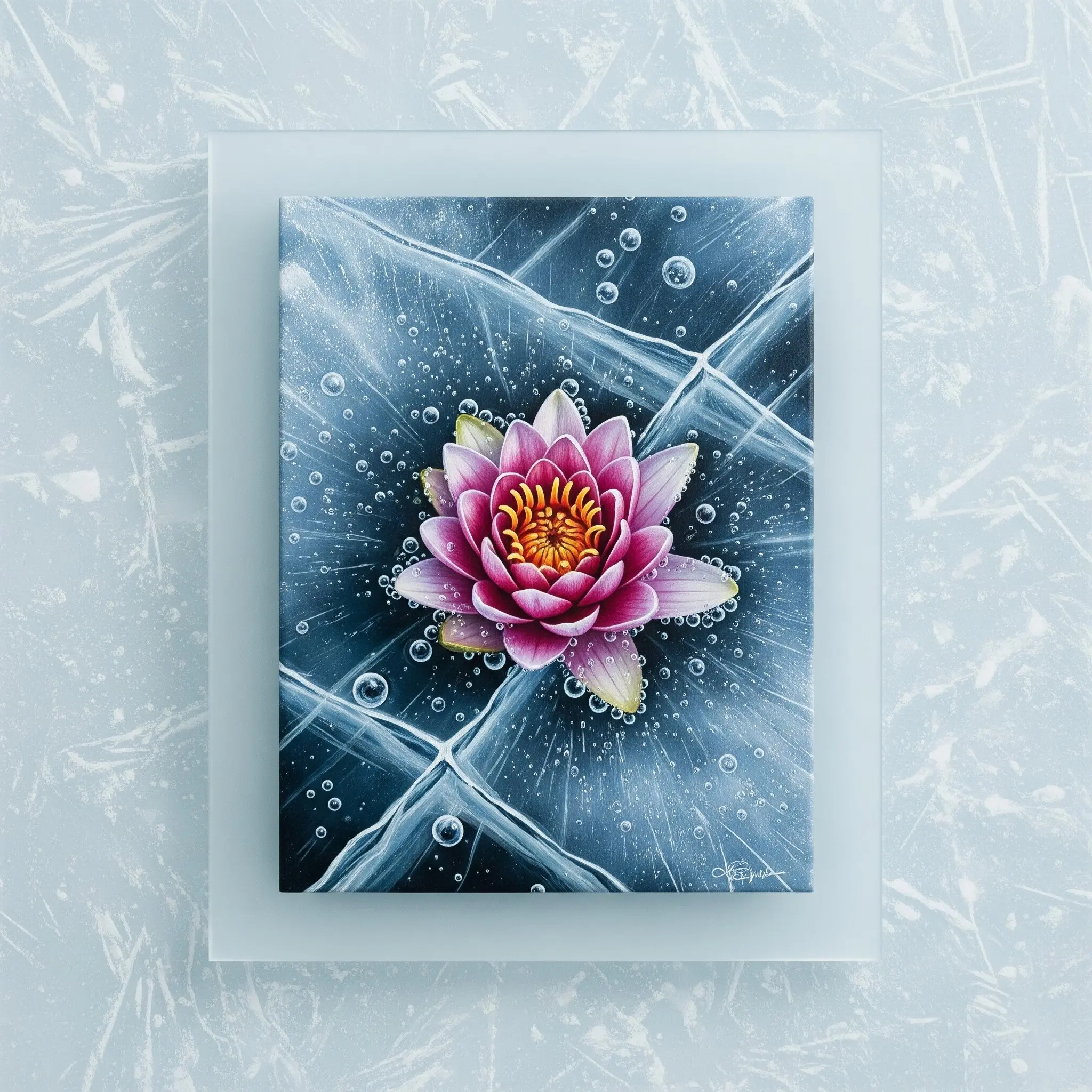 26. Tranh hoa Súng bông hoa rực rỡ giữa băng