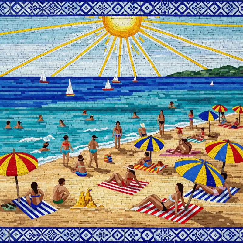 Tranh biển mosaic nghệ thuật cảnh bãi biển nắng vàng.