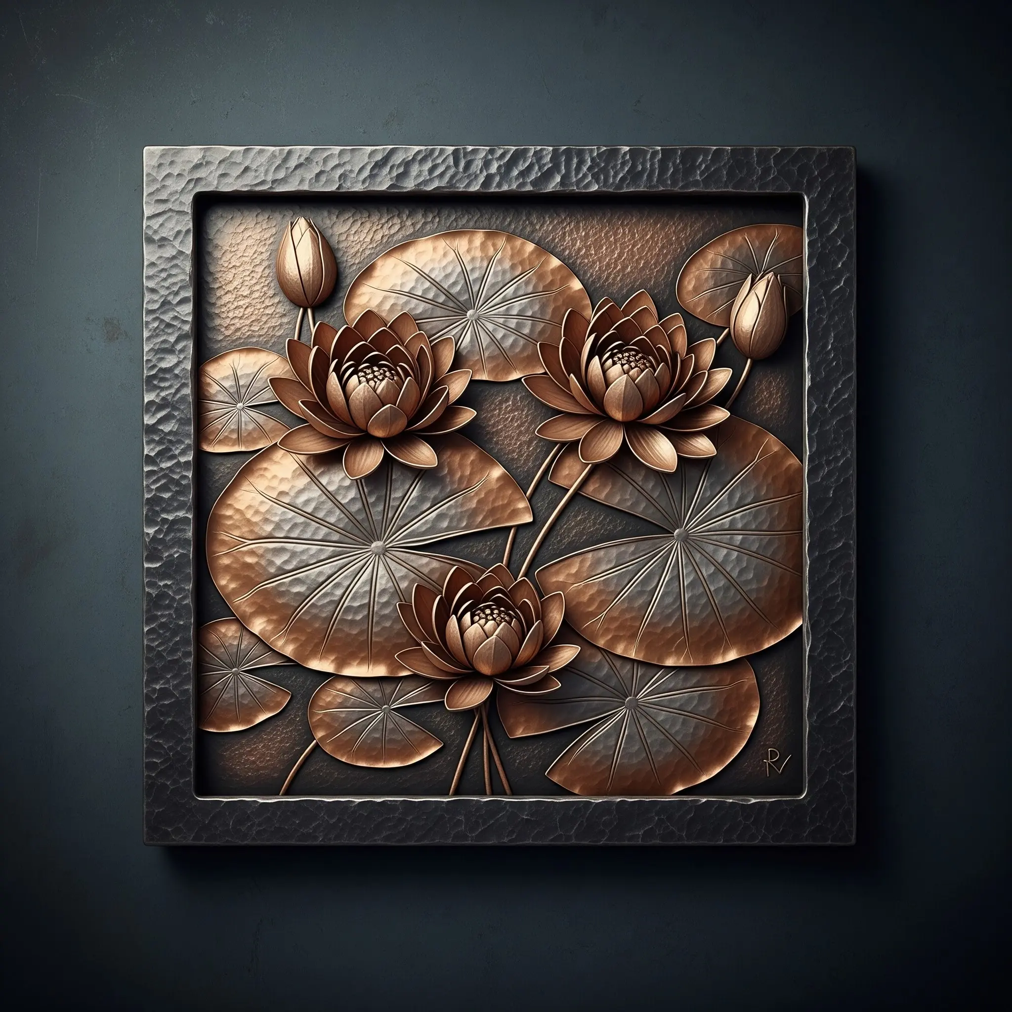 27. Tranh hoa Súng hoa súng chạm đồng trong khung.