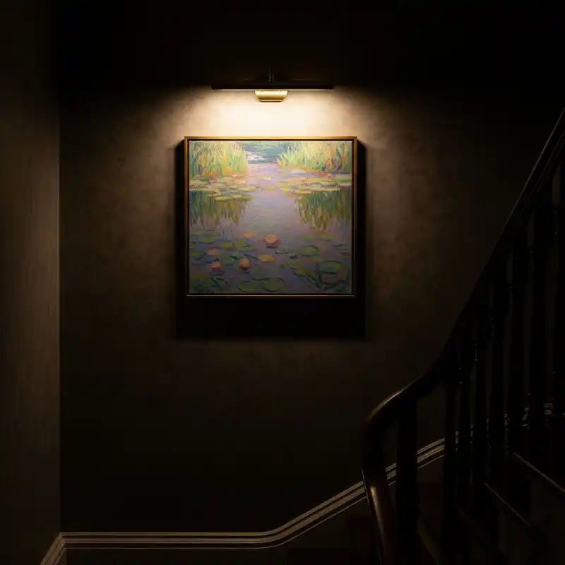 Tranh treo cầu thang bức tranh hoa súng bên cầu thang.