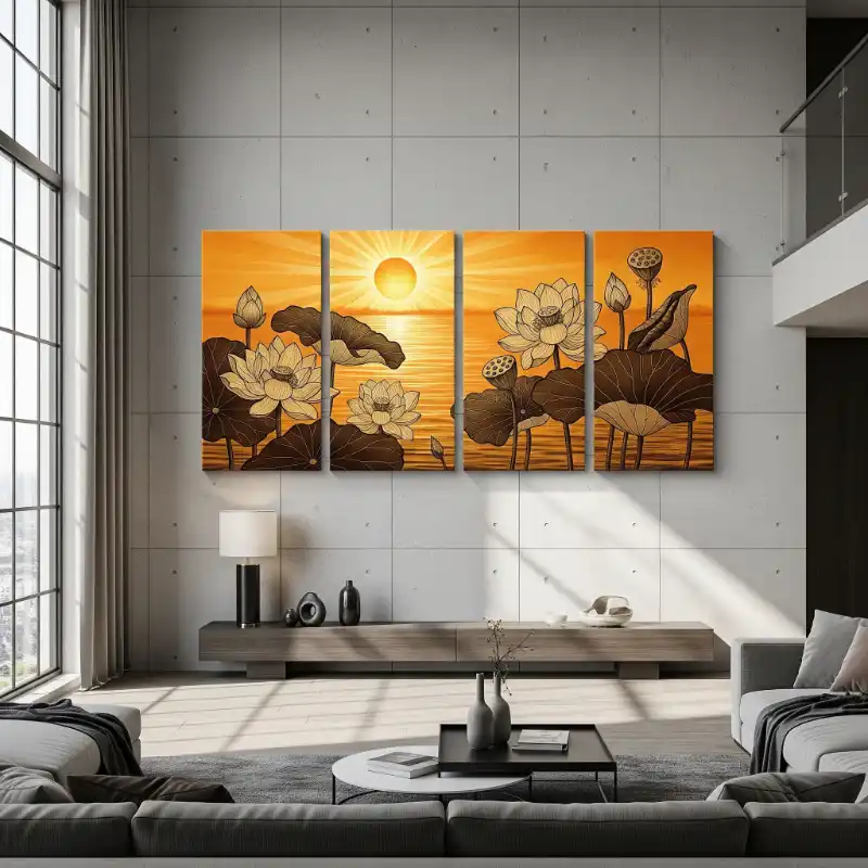 Tranh trúc chỉ hoa sen vàng rực rỡ dưới nắng