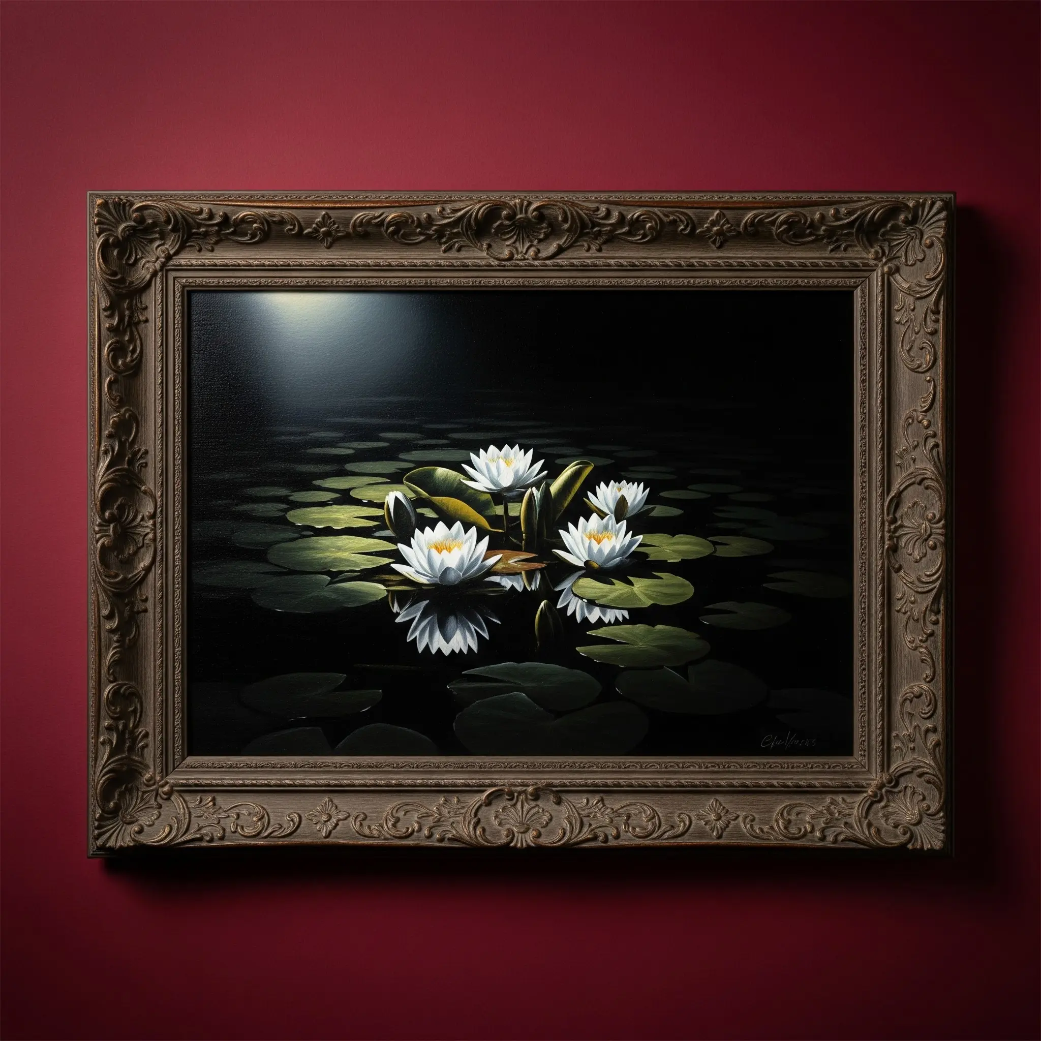 29. Tranh hoa Súng hoa trắng soi bóng nước đêm