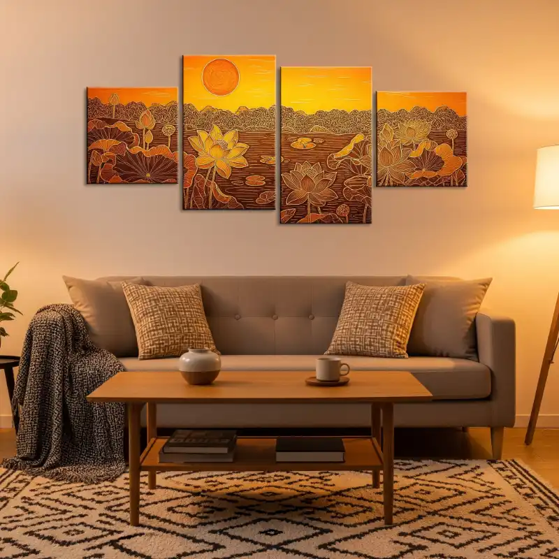 Tranh trúc chỉ đầm sen hoàng hôn, hoa bừng nở