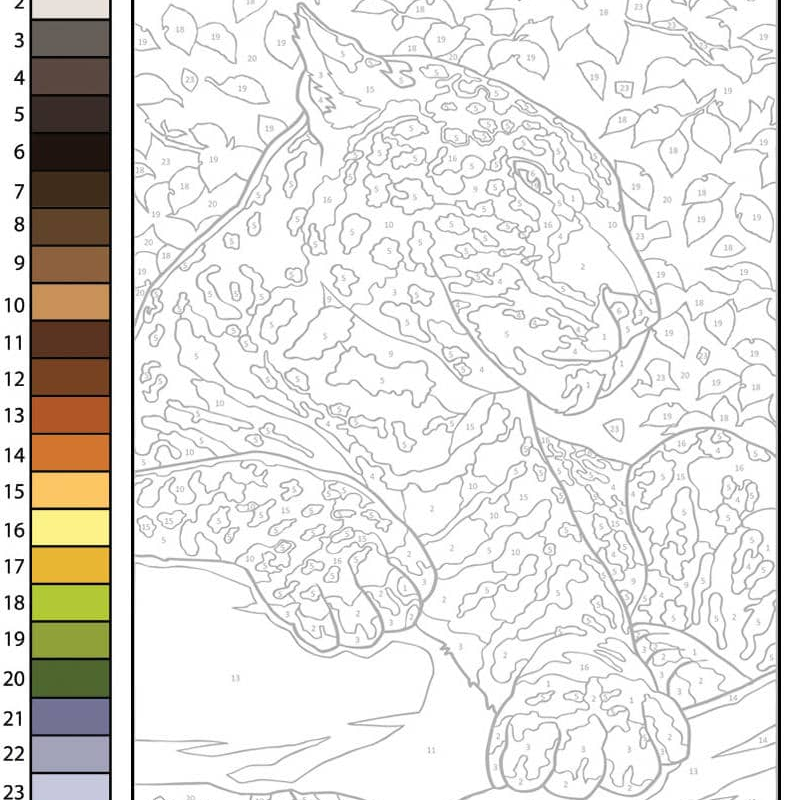 99+ Mẫu tranh số hóa treo tường đẹp, độc đáo và ấn tượng 16 Mẫu tô màu số hóa chi tiết hình báo đốm với bảng màu gợi ý bên cạnh.