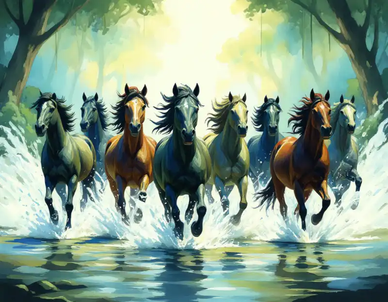 Ý nghĩa tranh Mã Đáo Thành Công cách treo thu hút tài lộc 25 Tranh Mã Đáo Thành Công bầy ngựa dũng mãnh vượt suối rừng.