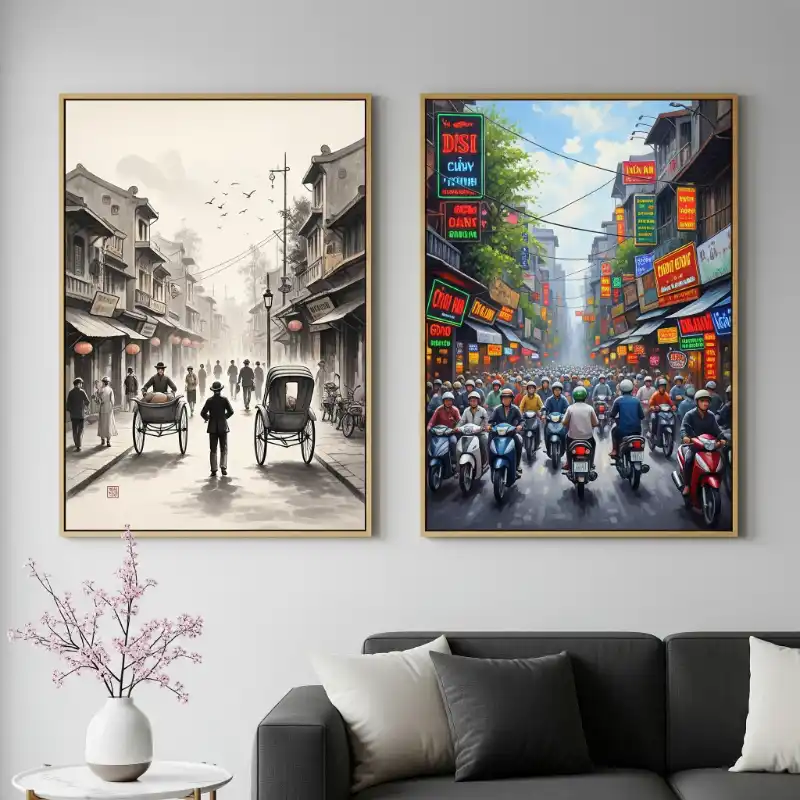 Tranh Phố Cổ Hà Nội đối lập xưa và nay trên phố.