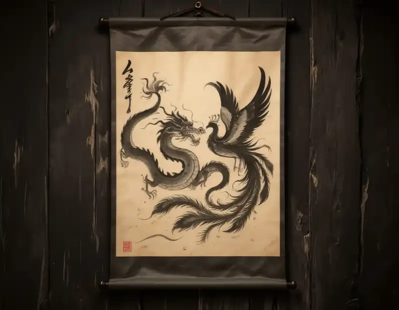 Tranh thờ rồng phượng thủy mặc cuộn giấy.