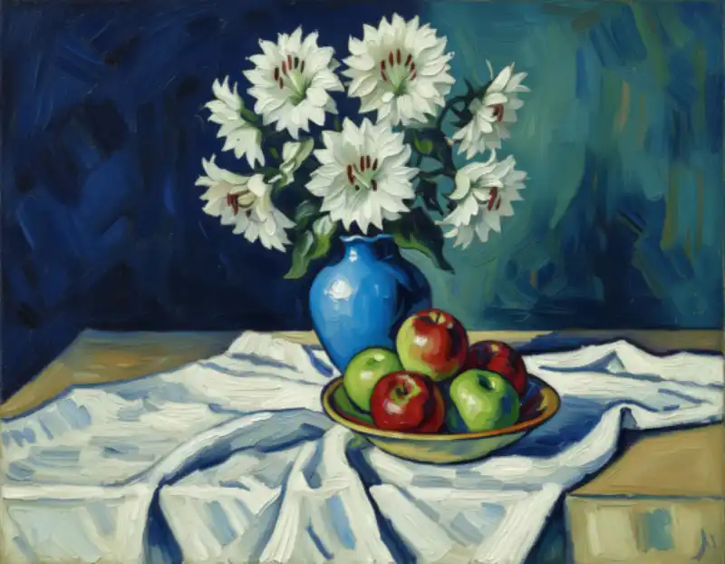 Tranh tĩnh vật hoa trắng, táo và khăn trắng