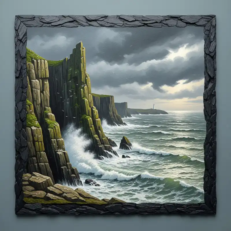 Tranh biển sơn dầu vách đá hùng vĩ và sóng vỗ mạnh mẽ.