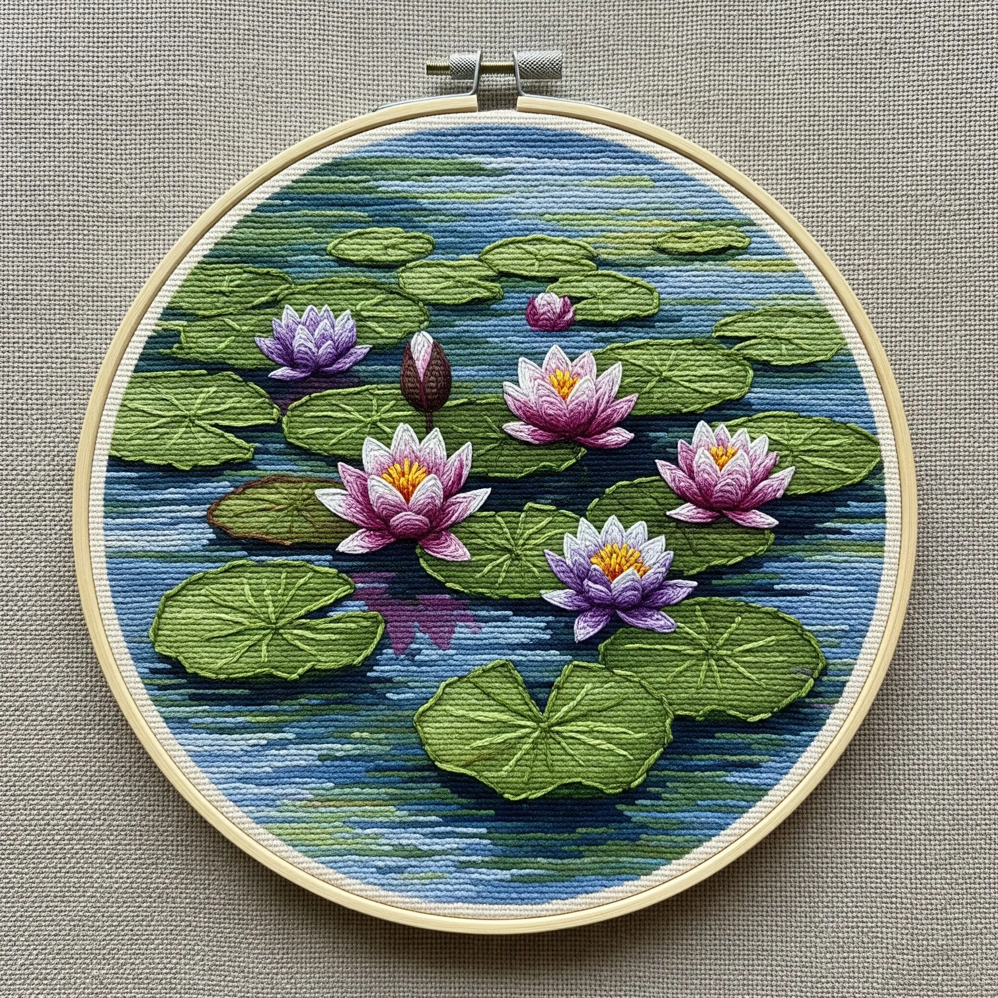 30. Tranh hoa Súng thêu hoa súng mặt nước.