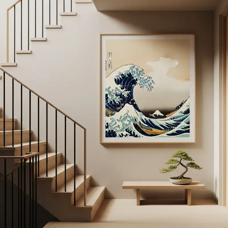 Tranh treo cầu thang sóng Kanagawa, bonsai bên thang.