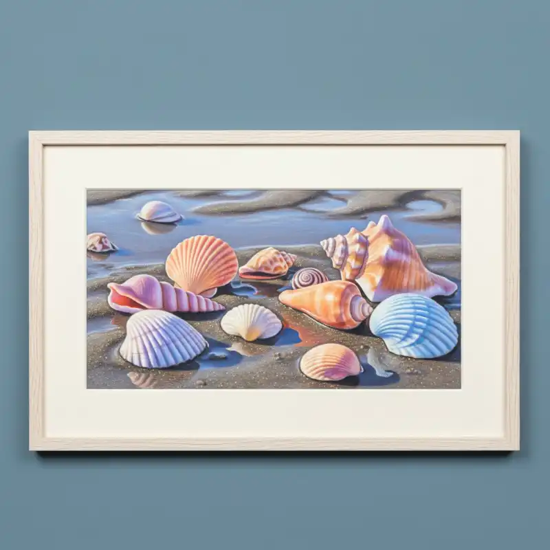 Tranh biển tĩnh vật cận cảnh vỏ sò ốc trên cát.