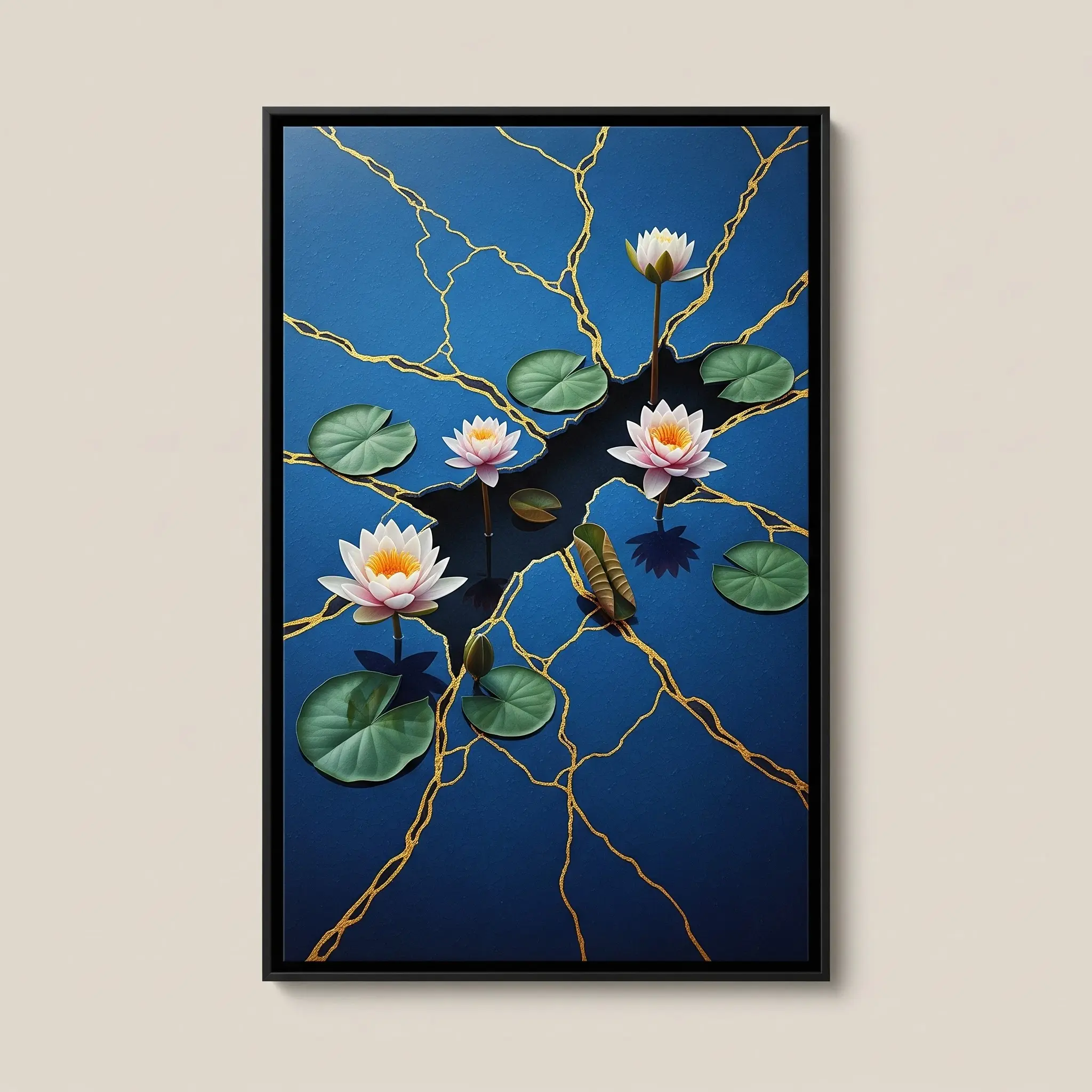 31. Tranh hoa Súng hoa nở trên nền xanh vàng.