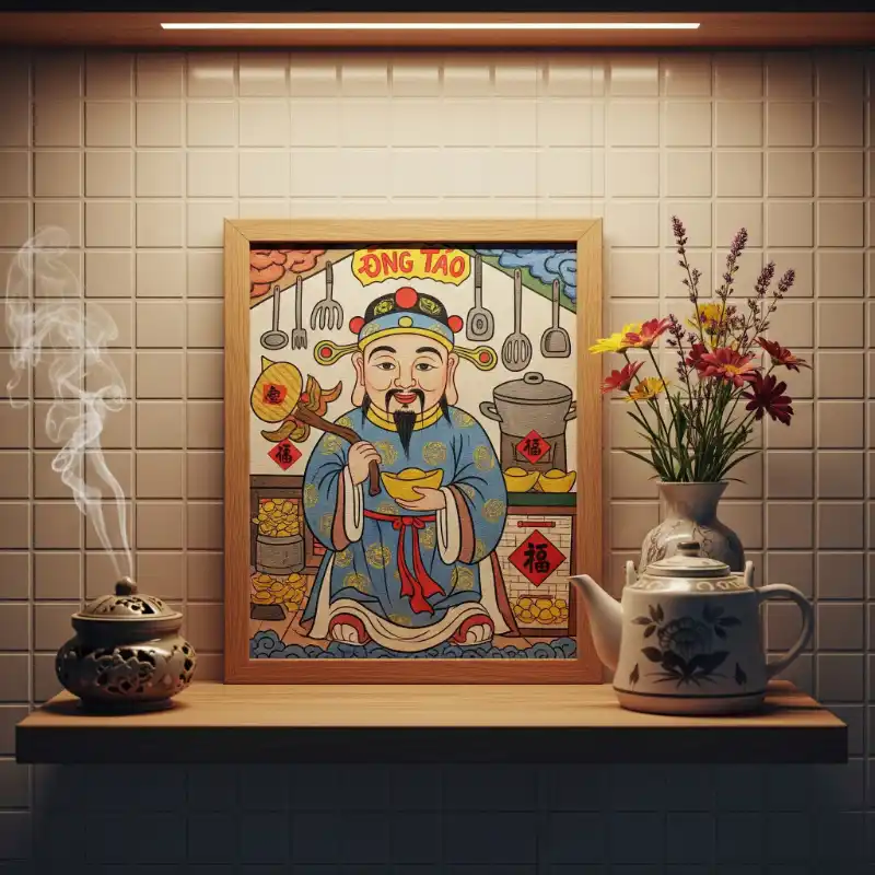 Tranh thờ ông Táo bếp ấm cúng