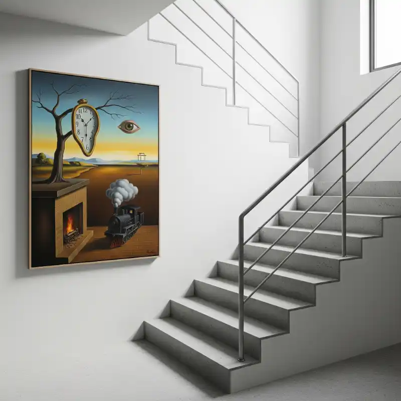 Tranh treo cầu thang phong cảnh siêu thực bên cầu thang.