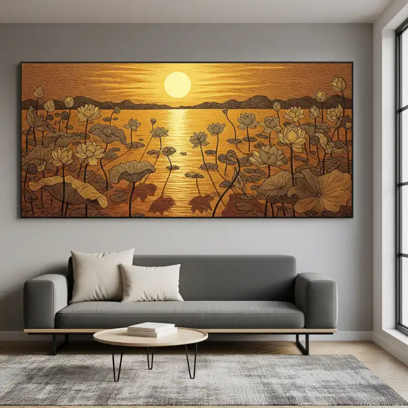 Tranh trúc chỉ bình minh trên đầm sen vàng