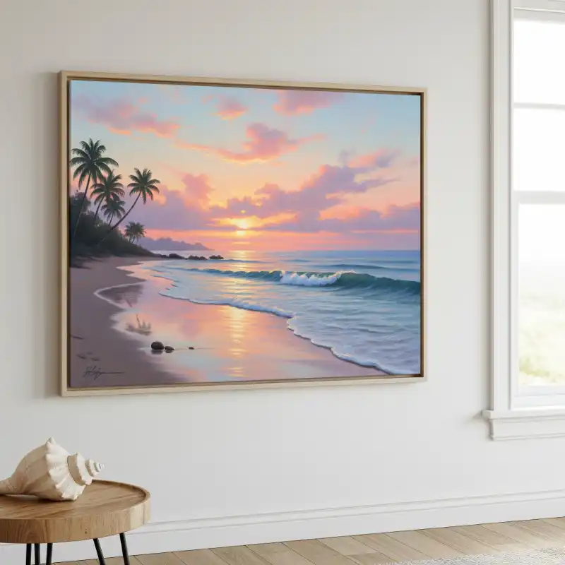 Tranh biển hoàng hôn lãng mạn trên bãi biển có hàng dừa.