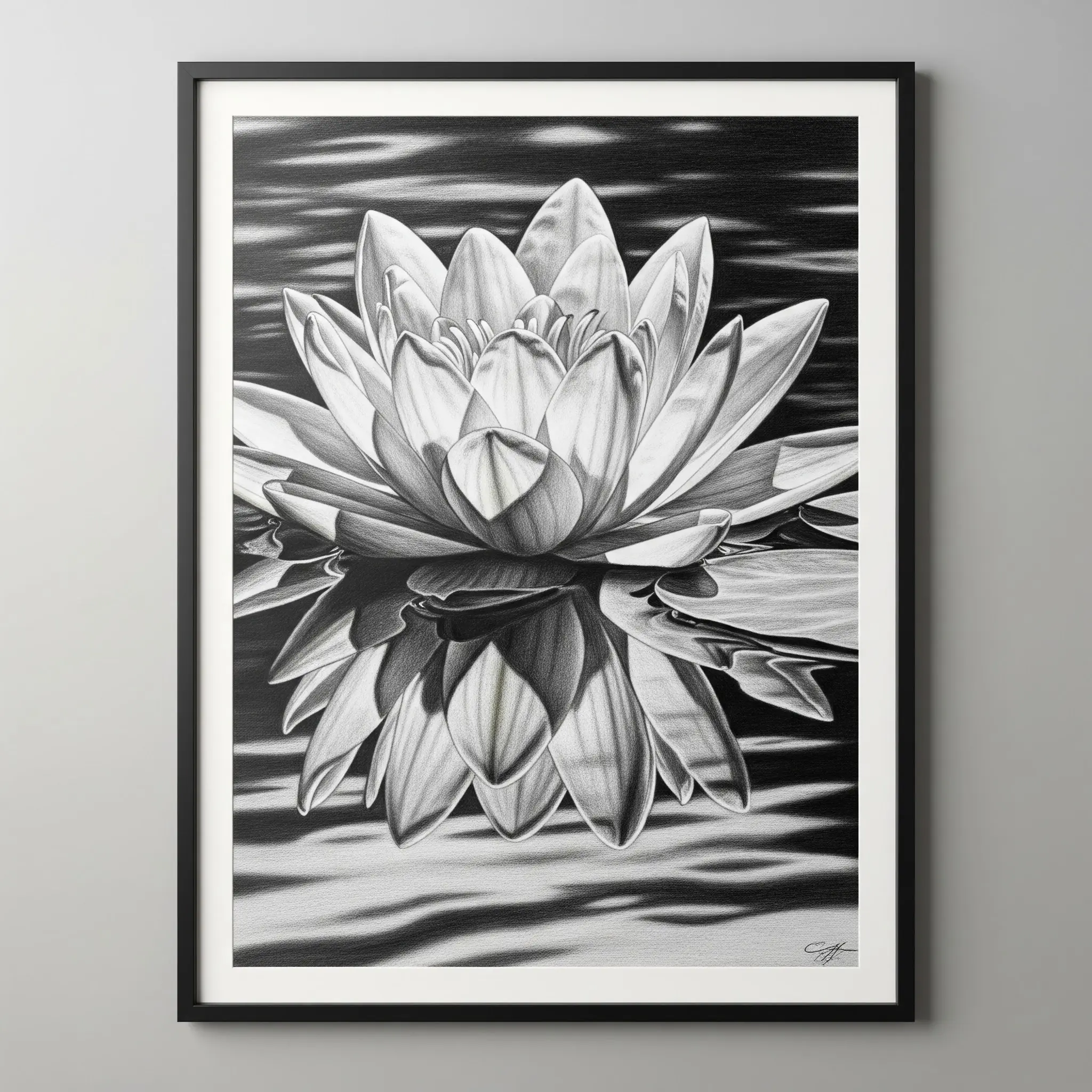 32. Tranh hoa Súng vẽ chì bông súng phản chiếu.