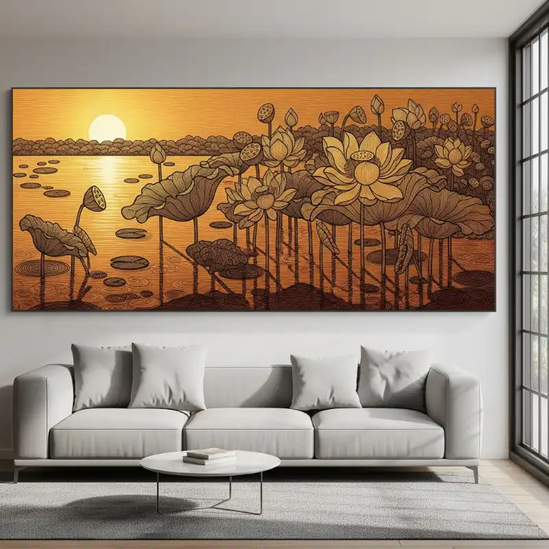 Tranh trúc chỉ đầm sen cuối ngày rực rỡ