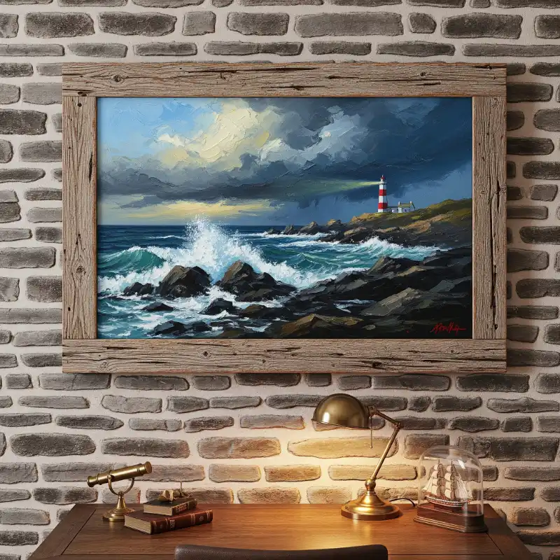 Tranh biển sơn dầu ngọn hải đăng trước cơn bão biển.