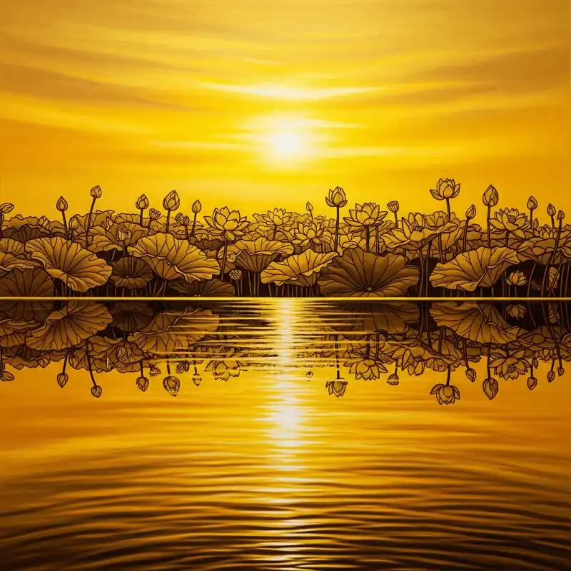 Tranh trúc chỉ hoàng hôn trên hồ sen lung linh