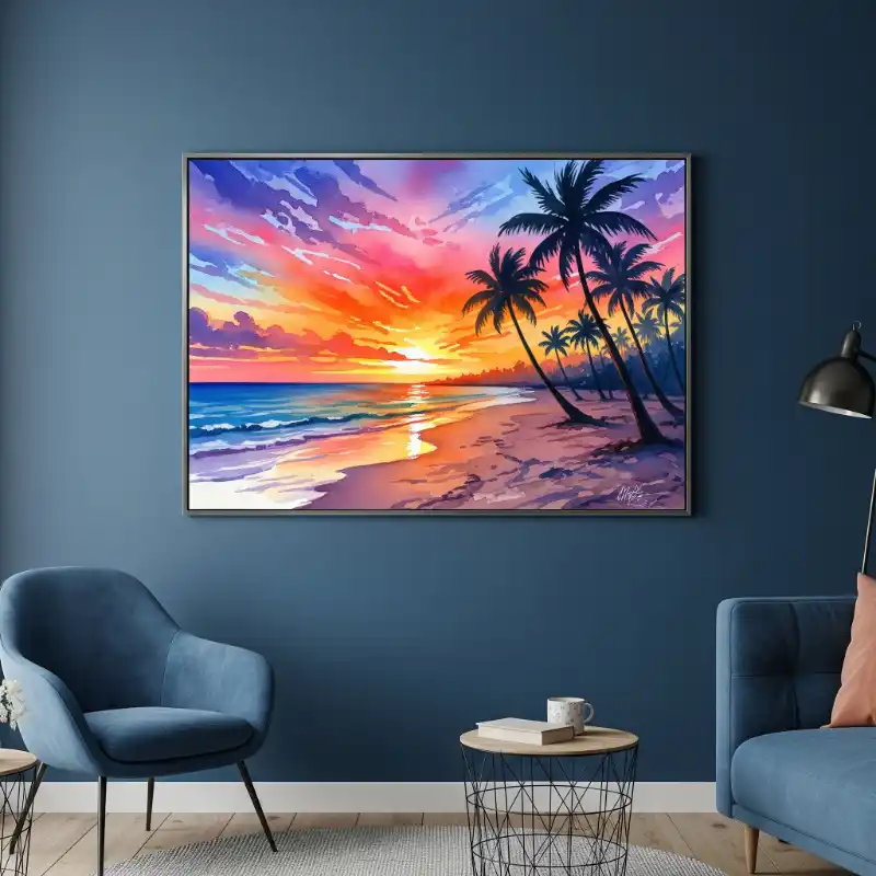 Tranh biển hoàng hôn rực rỡ và hàng dừa phong cách hiện đại.
