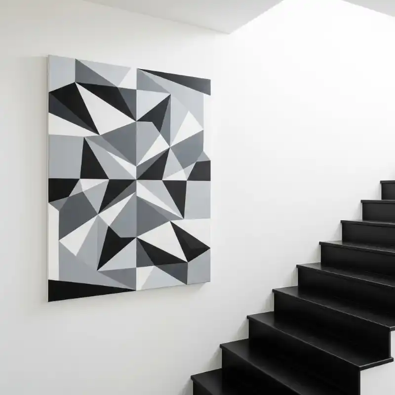 Tranh treo cầu thang hình học đơn sắc cạnh cầu thang.