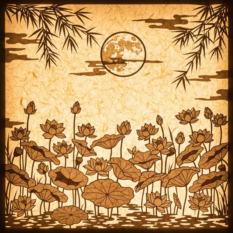 Tranh trúc chỉ sen, tre và trăng đêm vàng