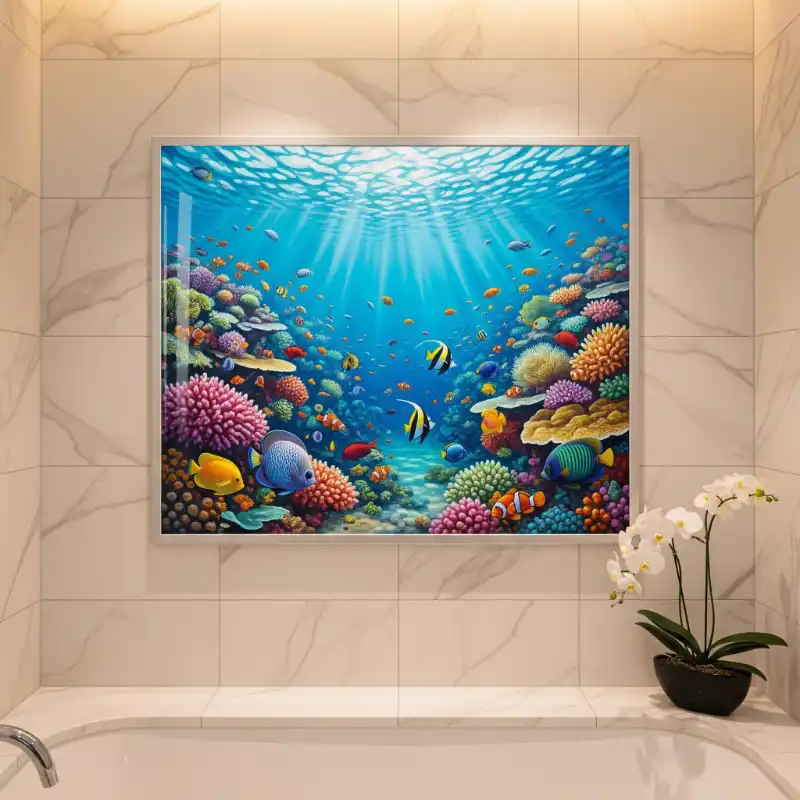 Tranh biển dưới đáy đại dương với rạn san hô và cá sặc sỡ.